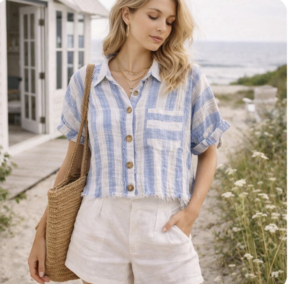 Free People Away At Sea Blue Striped Button SS Ctn Linen Sz XS Fayed Hem Top